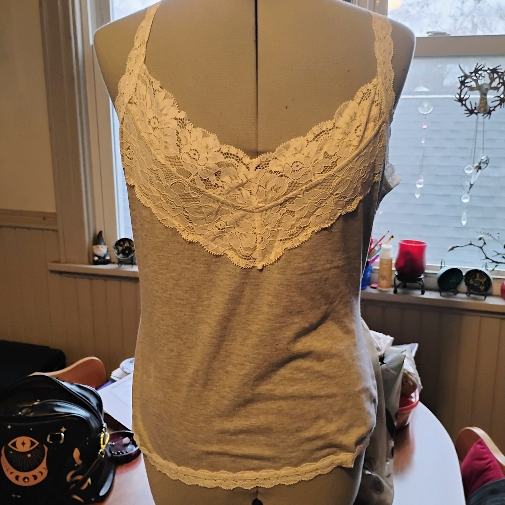 Women's Lace Trim Gray Tank Top